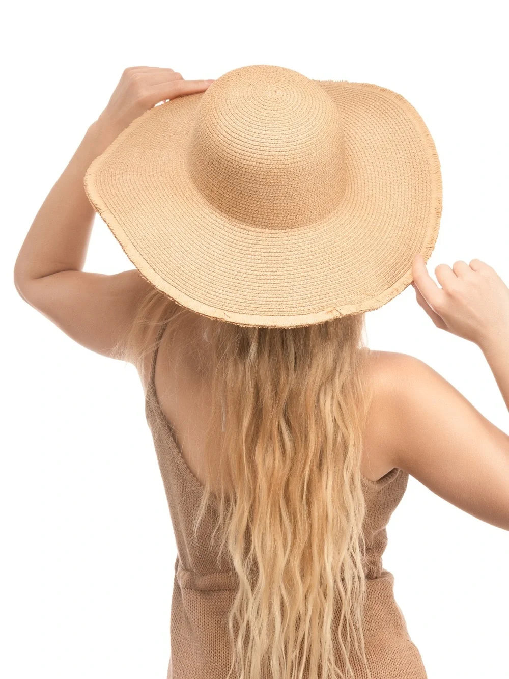 Frayed Edge Straw Beach Hat - Tan Brown